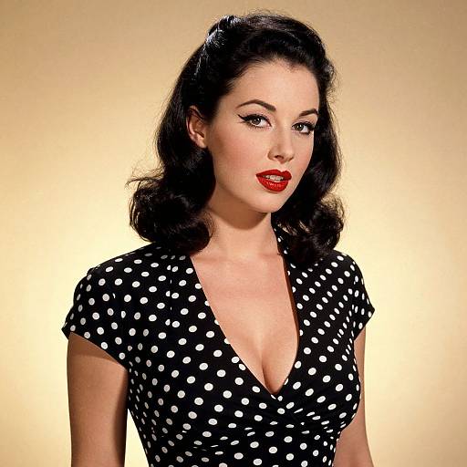 Vintage Style Woman in Black Polka Dot Dress with Red Lipstick