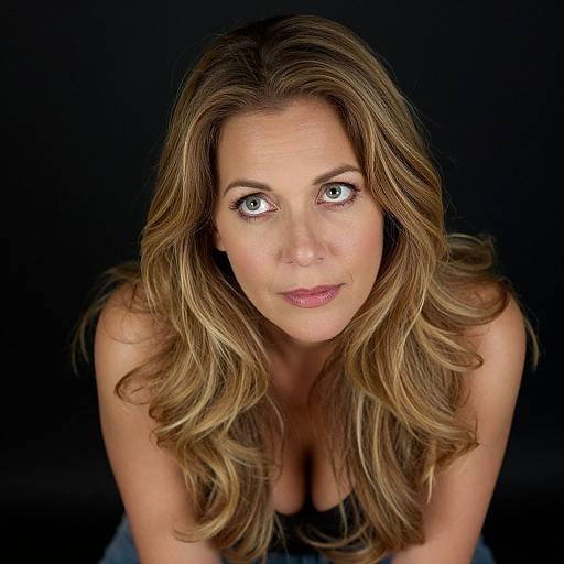 Portrait of Woman with Long Blonde Hair and Green Eyes on Black Background