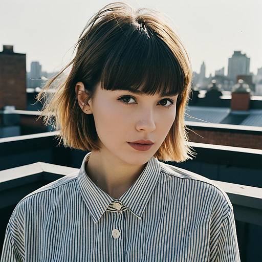 Portrait of Young Woman on Rooftop with City Skyline Background