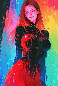 Anime Woman in Glossy Red and Black Bodysuit with Colorful Abstract Background