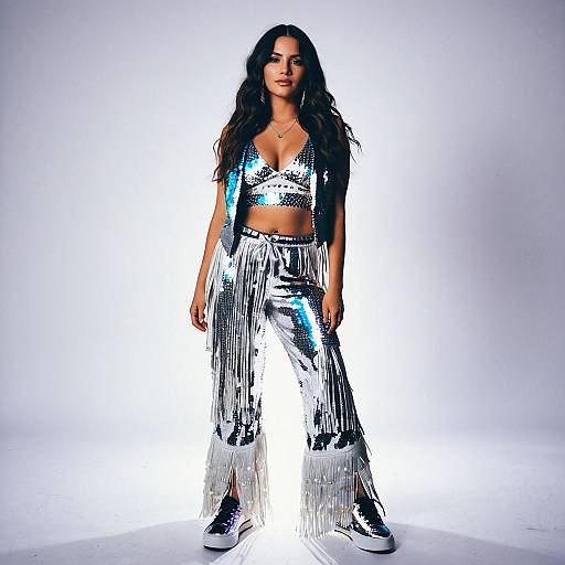 Woman in Silver Sequin Fringed Outfit with Modern Disco Style