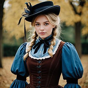 Young Woman in Victorian Costume with Braided Hair and Black Hat Outdoors