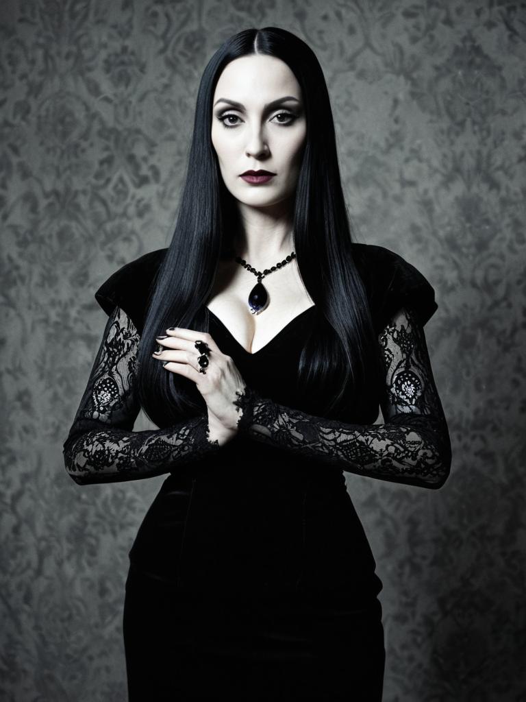 Woman in Morticia Addams Costume with Gothic Lace Dress and Dark Makeup