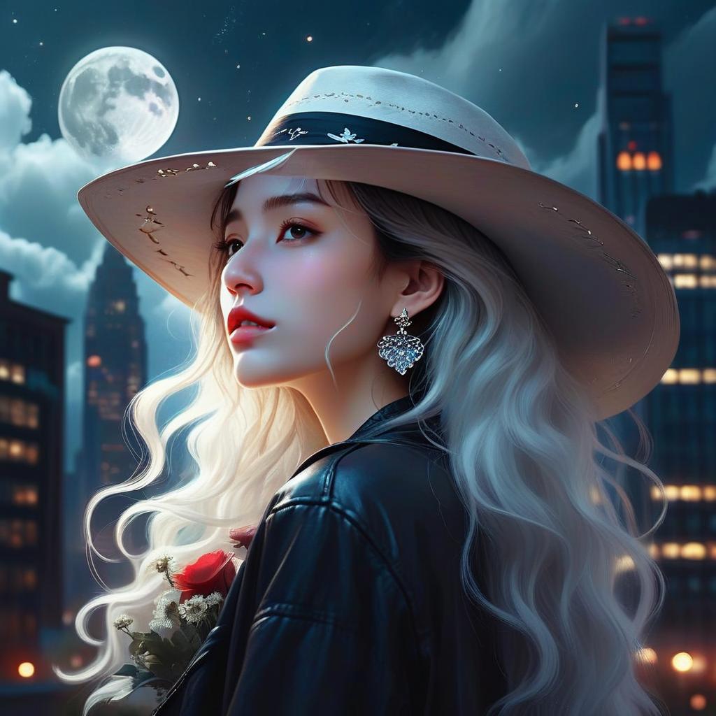 Young Woman with White Hair in Wide-Brimmed Hat Under Moonlit Cityscape
