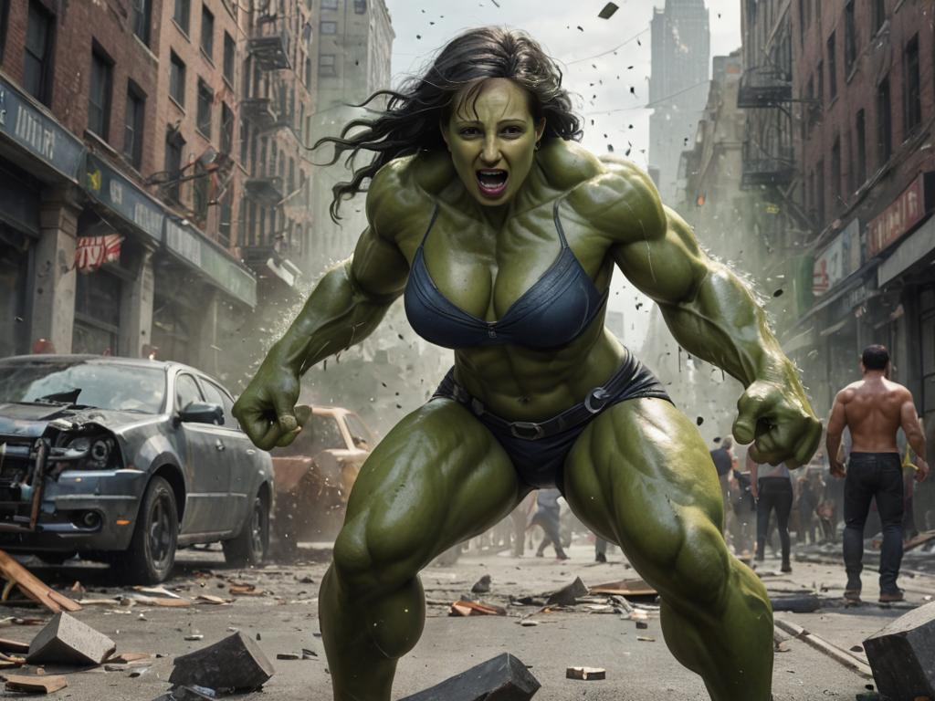 She-Hulk-like Woman in Urban Chaos