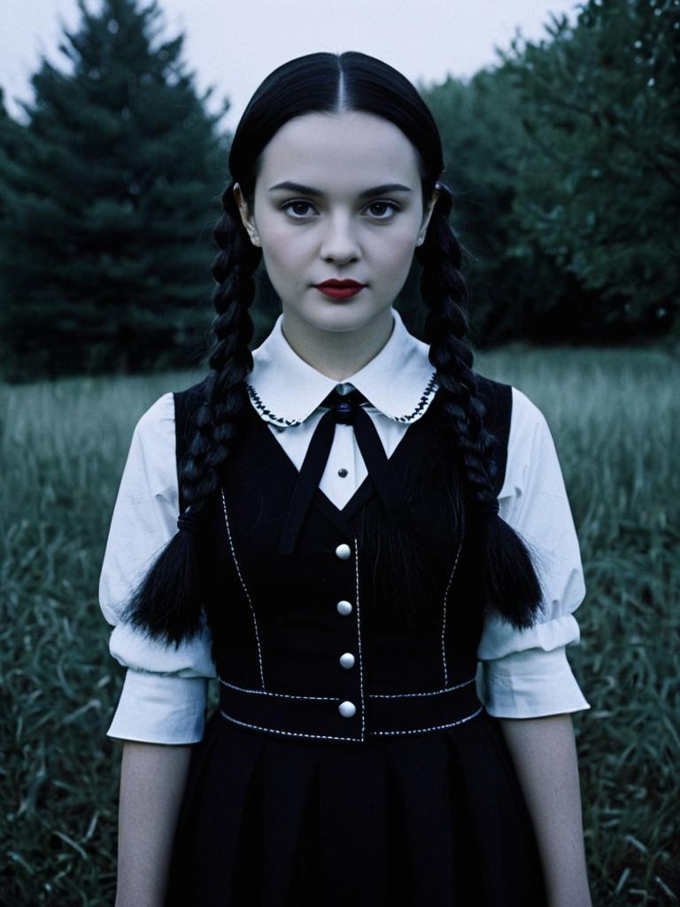 Photorealistic Outdoor Portrait of Woman in Wednesday Addams Costume