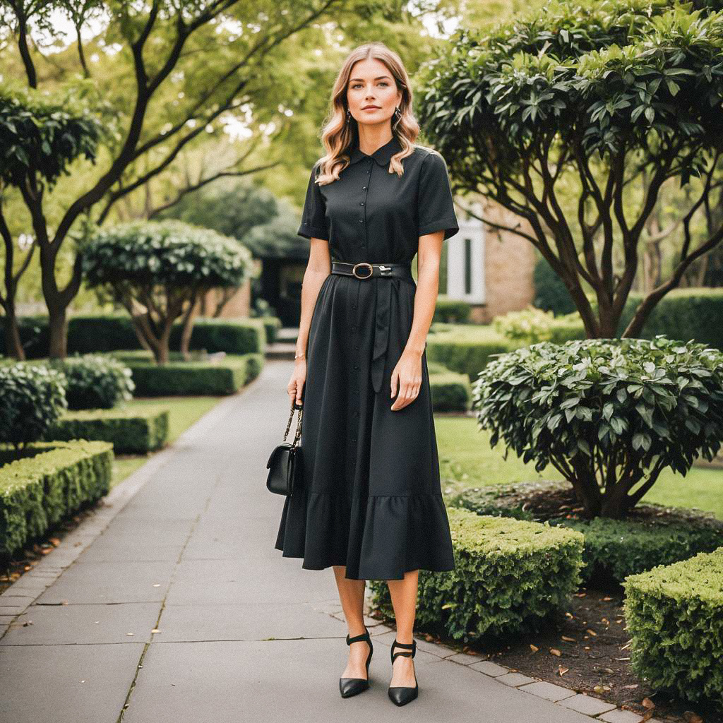 Stylish woman in black dress in a garden Stylish woman in black dress in a garden