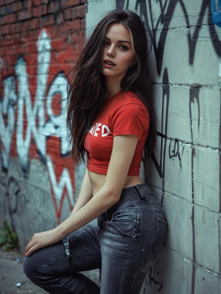 Street Style Young Woman Posing by Graffiti Wall in Red Crop Top