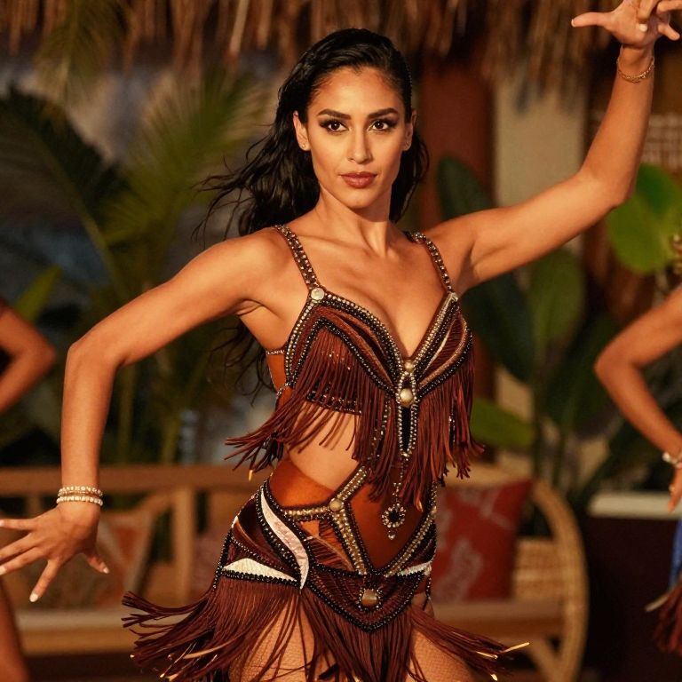 Latin Dance Woman in Brown Fringed Costume Performing
