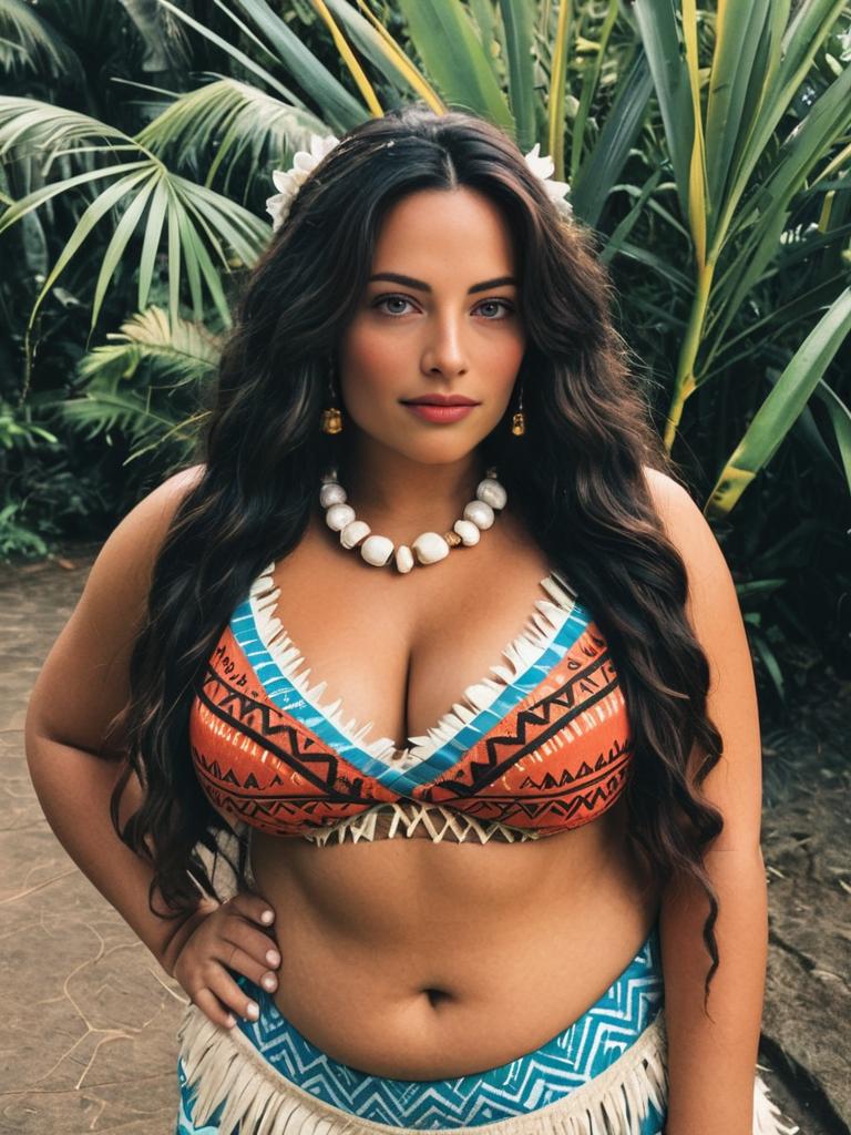 Woman in Revealing Moana-Inspired Costume in Tropical Setting