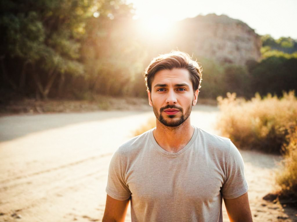 Thoughtful Young Man in Sunlit Landscape