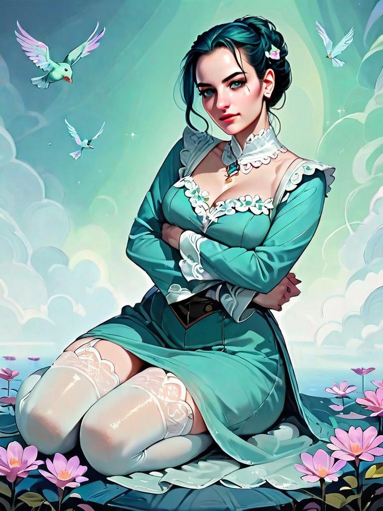 Dark Fantasy Woman in Teal Dress Kneeling Among Flowers Digital Artwork
