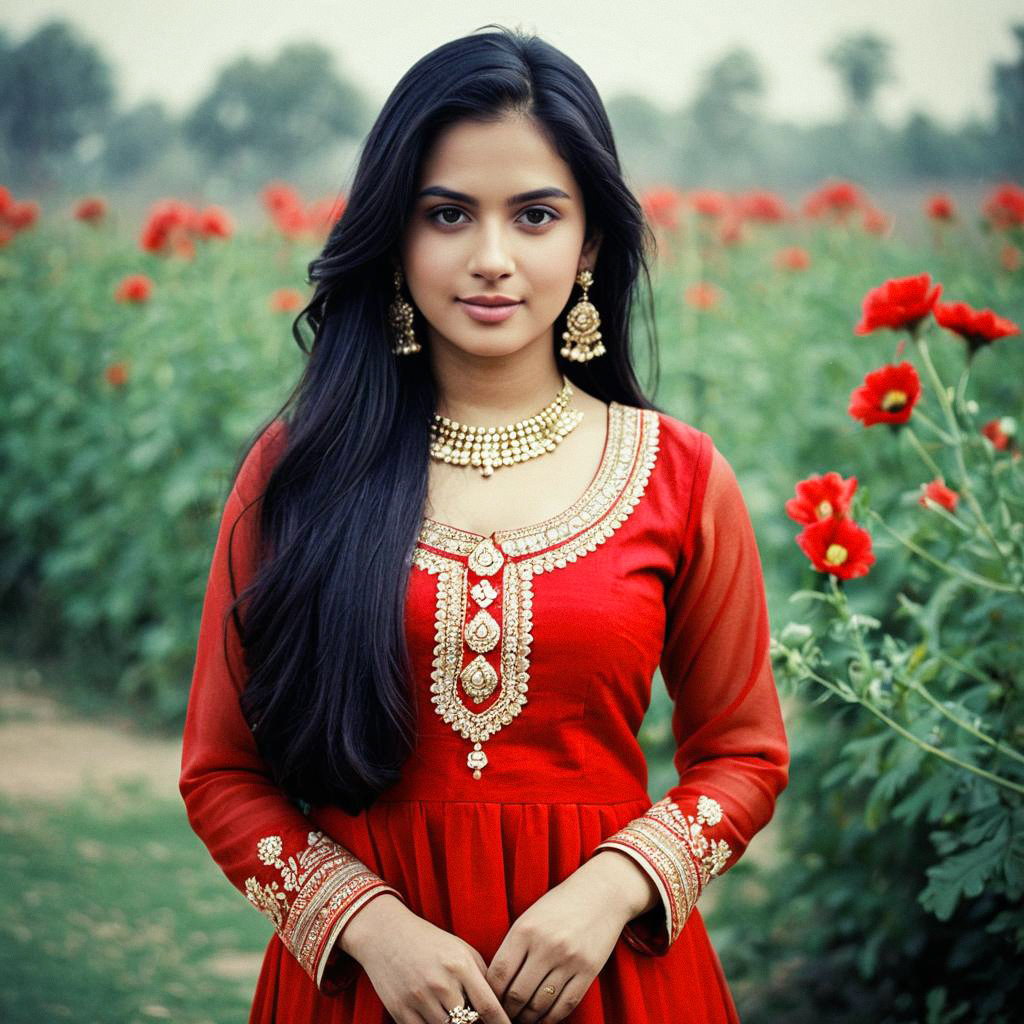 Young Woman in Red Salwar Kameez Among Blooming Flowers Young Woman in Red Salwar Kameez Among Blooming Flowers