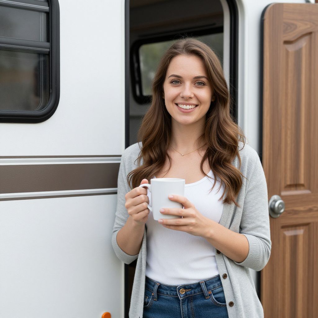 Young Woman Enjoying Coffee Outside Camper Van