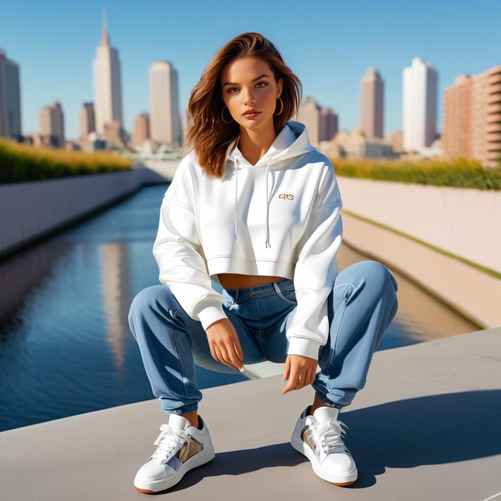 Confident Woman in Cropped Hoodie Against City Skyline