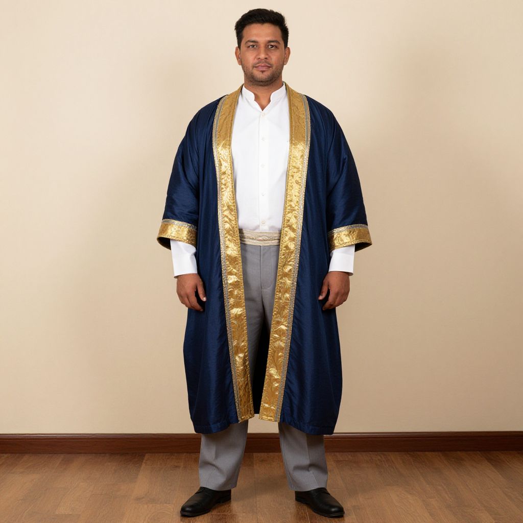 Man Wearing Traditional Blue and Gold Robe with White Shirt and Grey Trousers