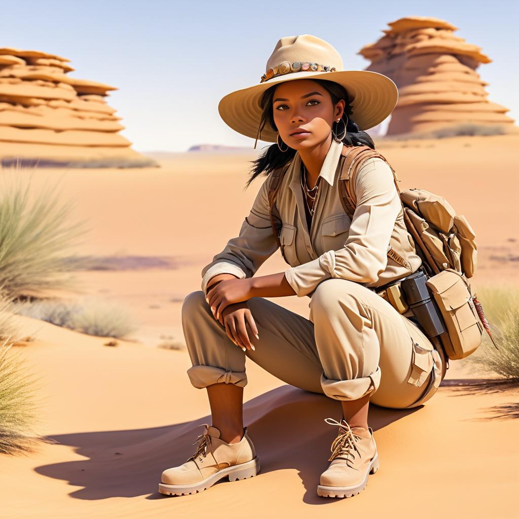 Confident woman in khaki attire kneeling in desert landscape