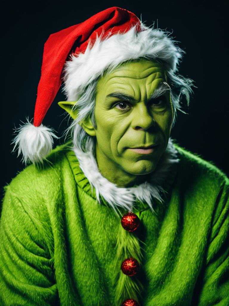 Photorealistic Man in Grinch Costume Wearing Santa Hat with Green Outfit