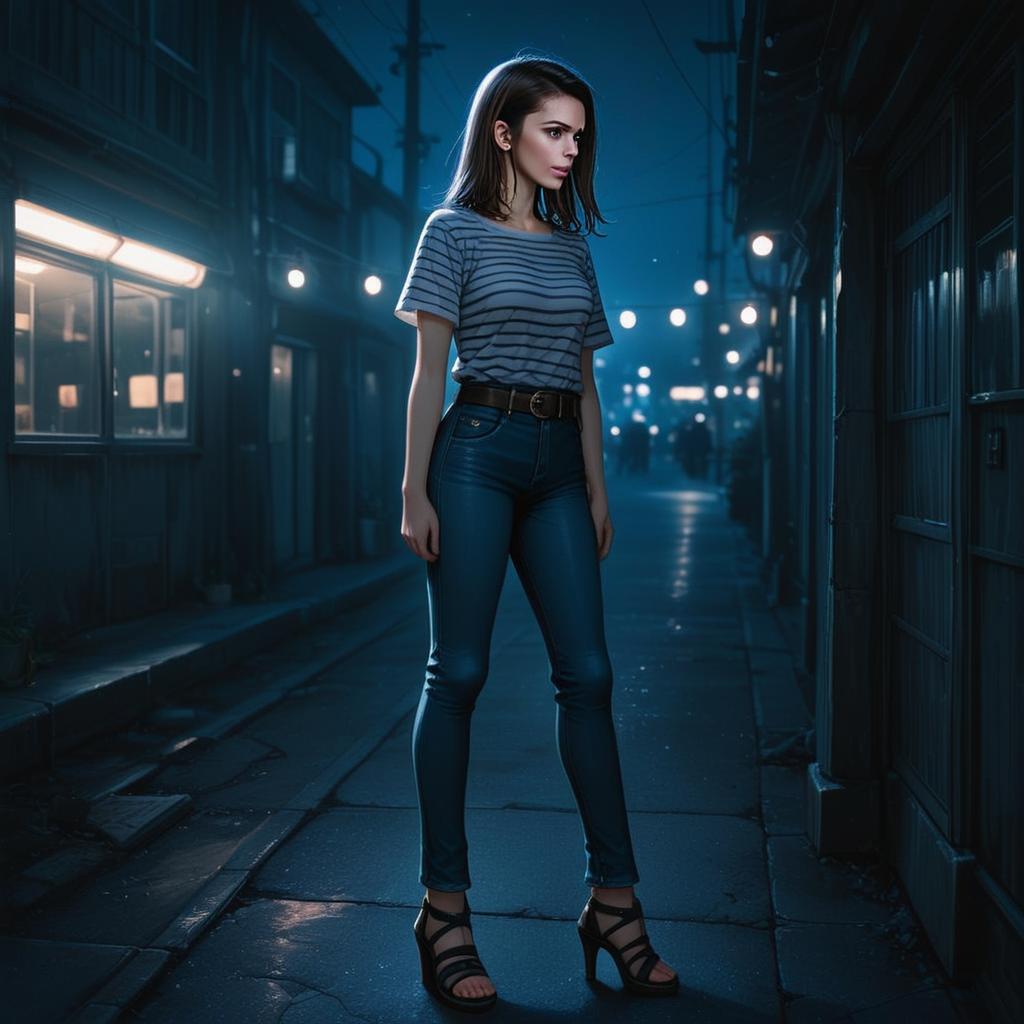 Woman Standing on Urban Street at Night in Dark Illustrious Style