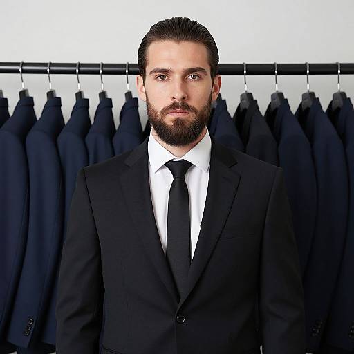 Confident Man in Black Suit Standing in Front of Blue Suits Rack