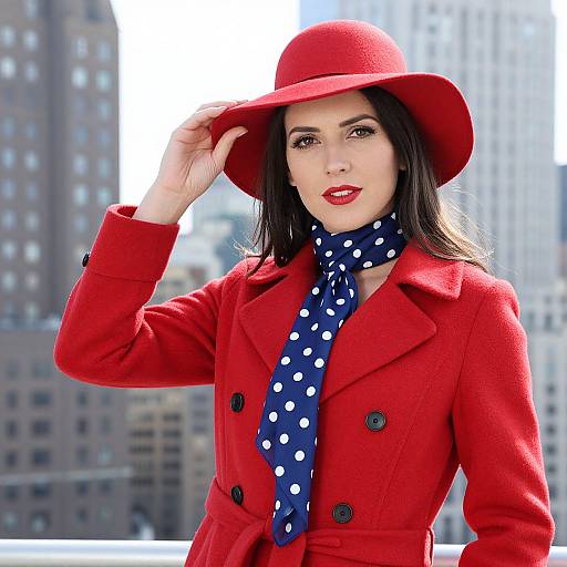 Stylish Woman in Red Coat and Hat with Polka Dot Scarf in City