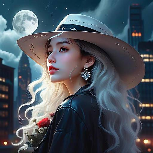 Young Woman with White Hair in Wide-Brimmed Hat Under Moonlit Cityscape