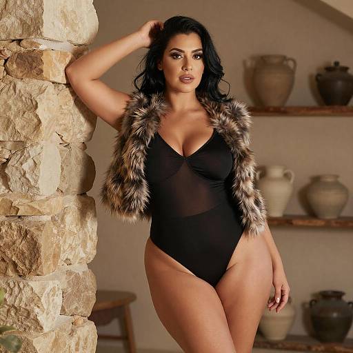 Confident Woman in Sheer Black Bodysuit and Faux Fur Vest by Stone Wall