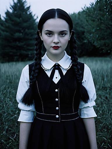 Photorealistic Outdoor Portrait of Woman in Wednesday Addams Costume