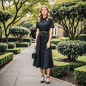 Stylish woman in black dress in a garden