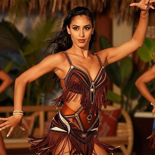 Latin Dance Woman in Brown Fringed Costume Performing