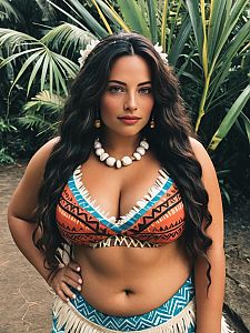Woman in Revealing Moana-Inspired Costume in Tropical Setting