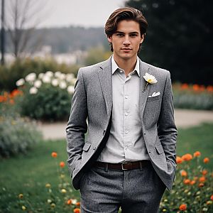 Young Man in Stylish Gray Suit with White Flower Outdoors