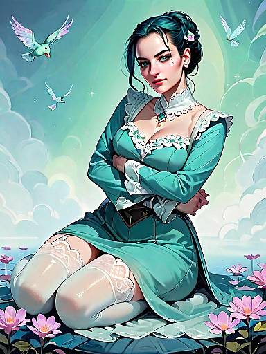 Dark Fantasy Woman in Teal Dress Kneeling Among Flowers Digital Artwork