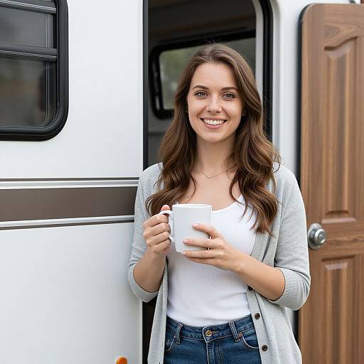 Young Woman Enjoying Coffee Outside Camper Van