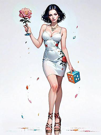 Romantic Realistic Digital Illustration of Woman in White Dress with Rose and Dice
