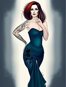 Confident Woman in Teal Dress with Tattoo