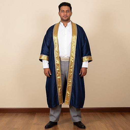 Man Wearing Traditional Blue and Gold Robe with White Shirt and Grey Trousers