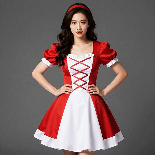 Woman in Red and White Movie Theme Costume Dress with Corset Lacing