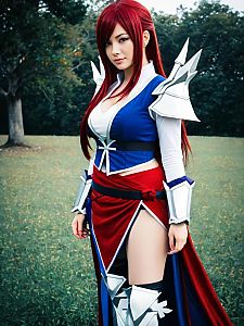 Sexy Cosplay Woman in Realistic Erza Scarlet Costume Outdoors