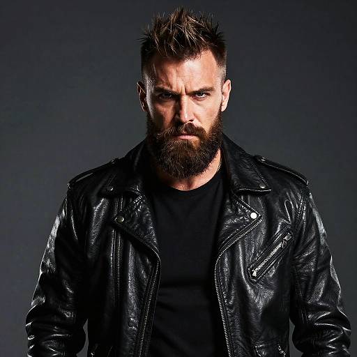 Gen Z Man Wearing Black Leather Biker Jacket with Intense Look