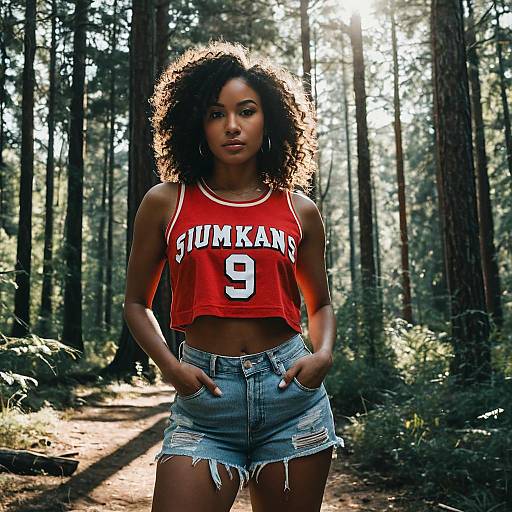 Young Woman in Red Crop Top and Denim Shorts Standing on Forest Path