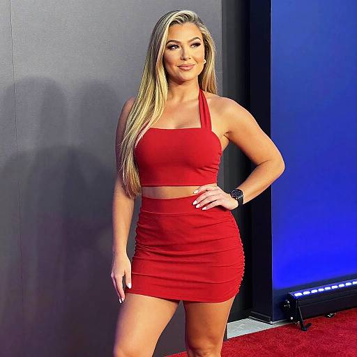 Woman in Red Halter Crop Top and Ruched Mini Skirt Fashion Pose