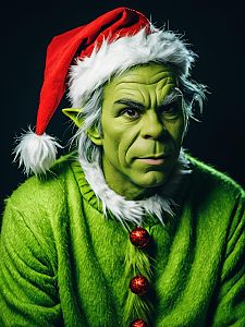 Photorealistic Man in Grinch Costume Wearing Santa Hat with Green Outfit