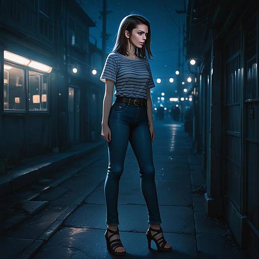 Woman Standing on Urban Street at Night in Dark Illustrious Style