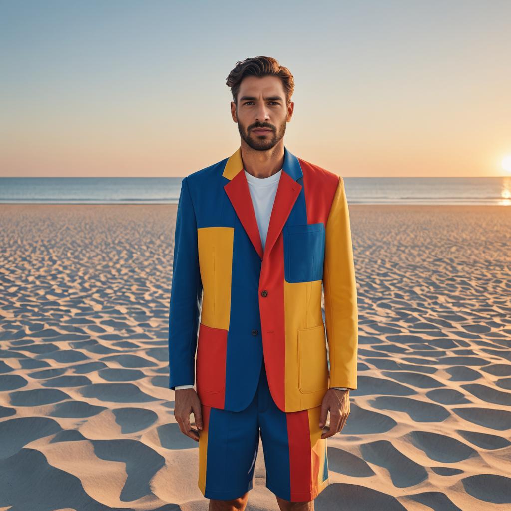 Stylish man in multicolored suit on beach at sunset