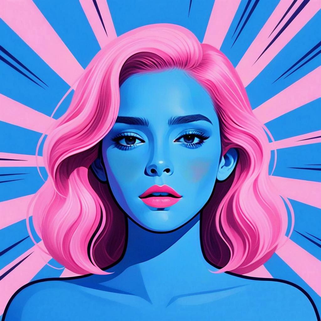 Digital Pop Art Portrait of Woman with Pink Hair and Blue Skin