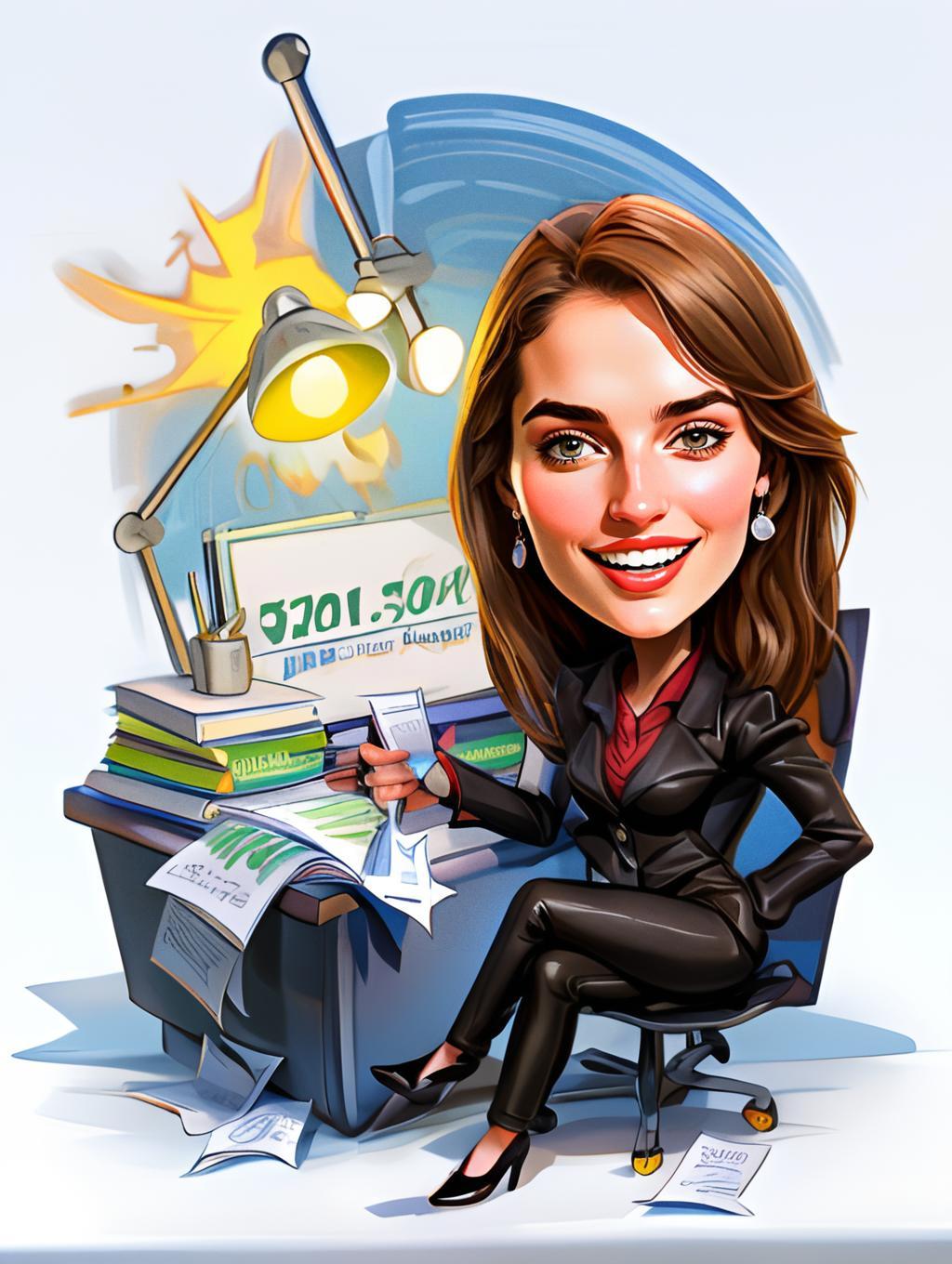 Caricature of Confident Businesswoman at Office Desk with Documents