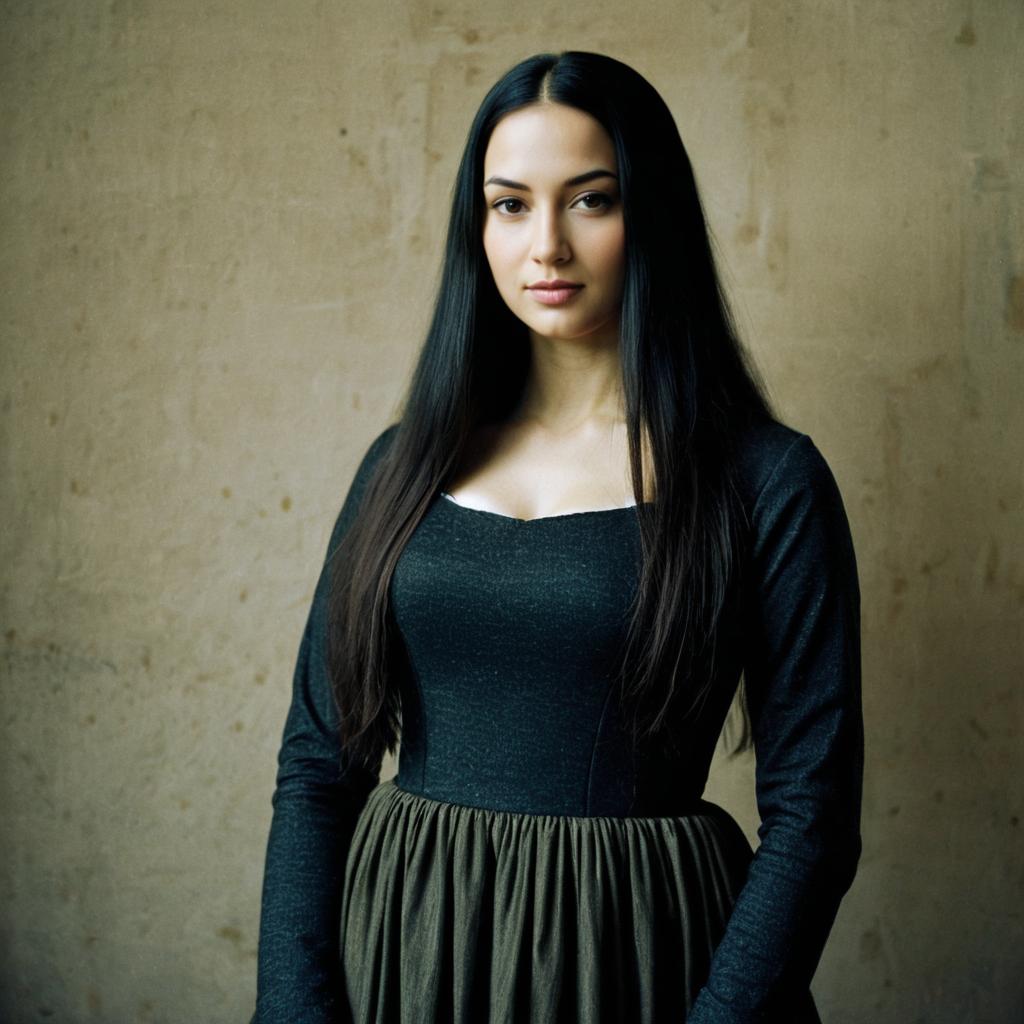 Woman in Mona Lisa Inspired Costume with Long Black Hair in Black Dress