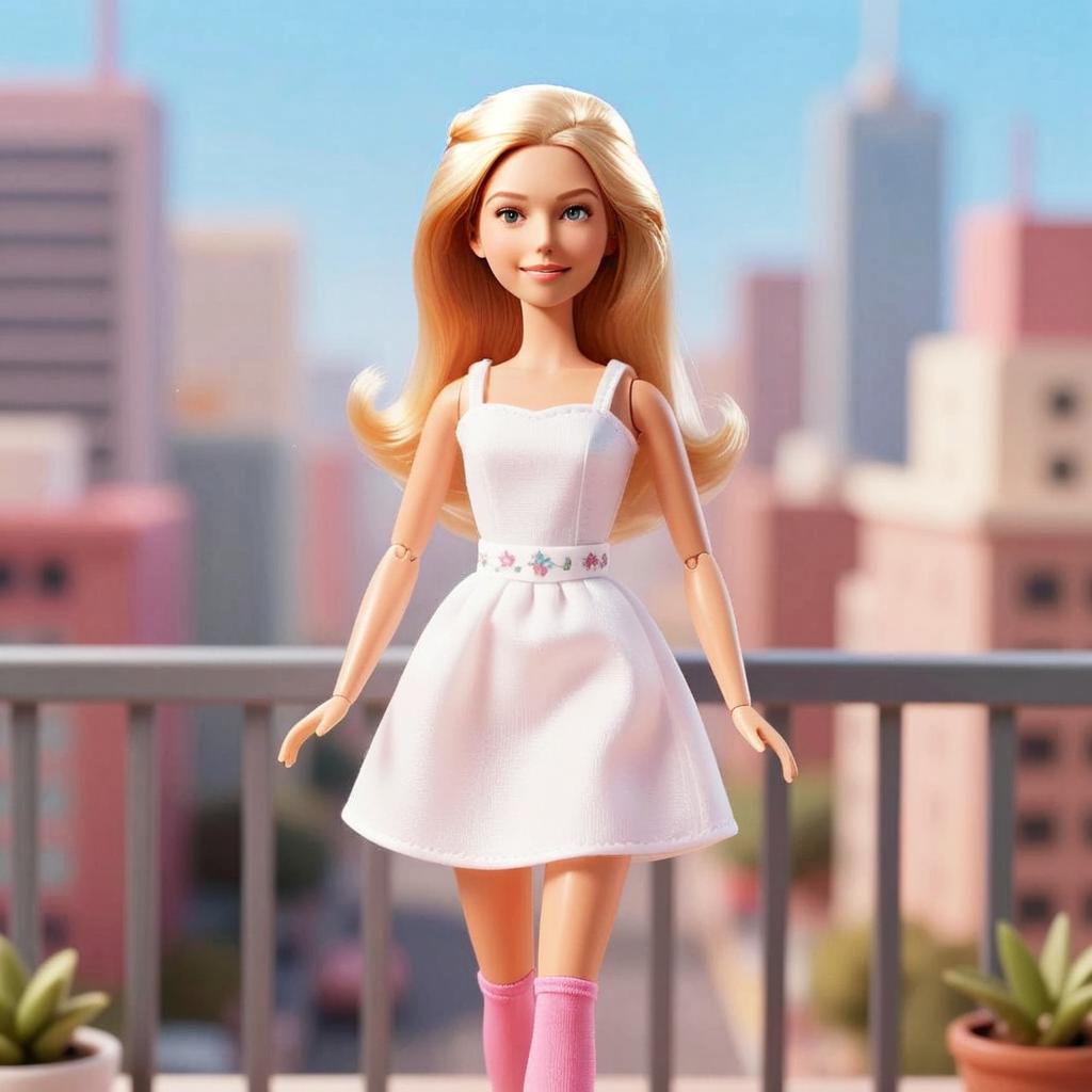 Blonde Woman Doll in White Dress on City Balcony