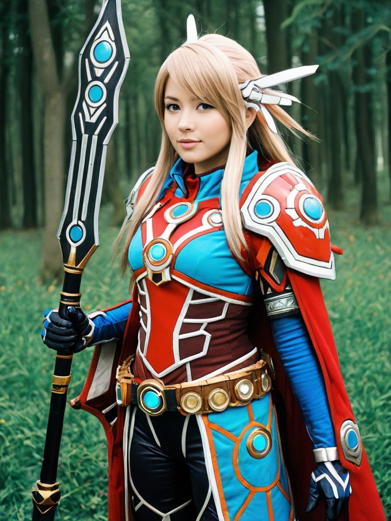 Woman Cosplaying Realistic Nia Costume from Xenoblade Chronicles in Forest